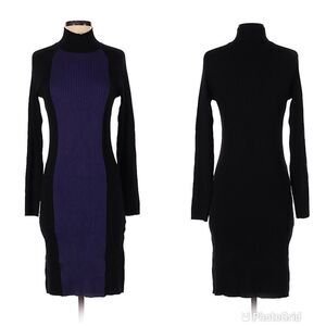 ANNE KLEIN Mockneck Midi Dress Ribbed Color‎ Block Striped Long Sleeve Black XS